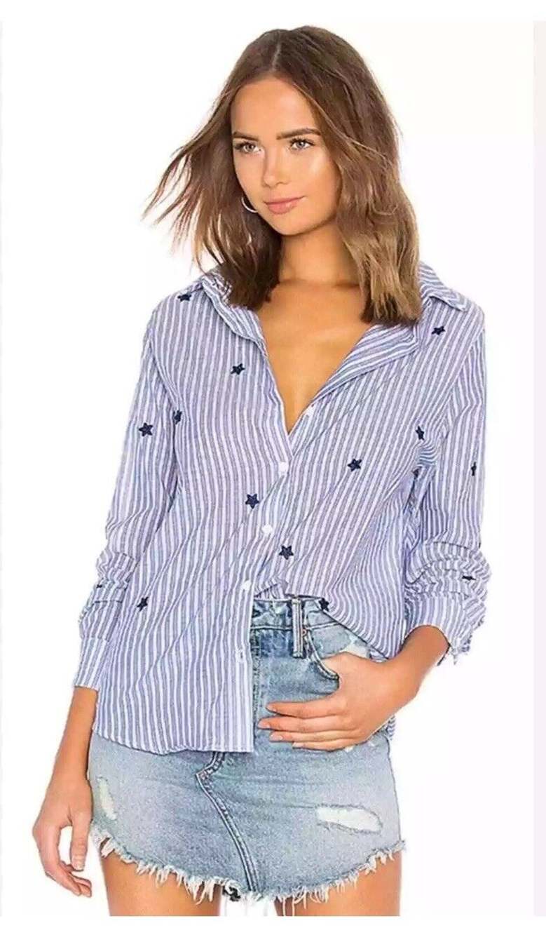Michael Lauren Women’s Blue Luciano Button Up Embroidered Star Patches XS $93